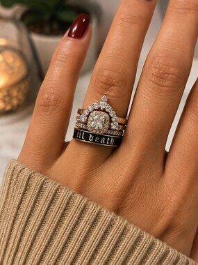 TIL DEATH Silver Black Band Ring Size 10 Stackable Promise Wedding Ring NWT